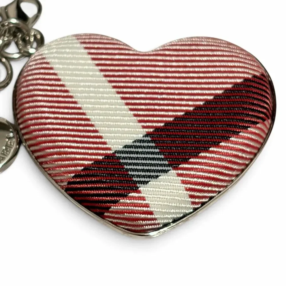 Burberry Blue Label Nova Check Heart Bag Charm Keychain Silver Tone Fob